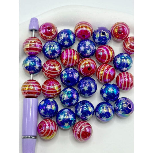 UV Coating Acrylic Beads with USA American Flag Prints Stripes, Random Mix, 16MM