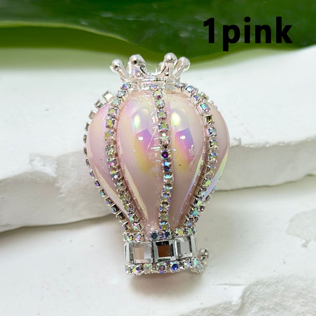 UV Finish Candy Color Hot Air Balloon Acrylic Beads with Silver Alloy Crown AB Rhinestones Chains, Around 36*25MM