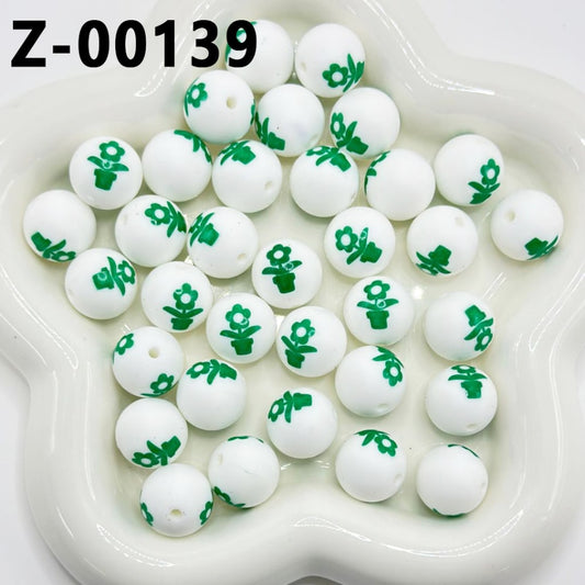 Green Potted Plant Flower Bonsai White Round Printed Silicone Beads 15mm, Number Z-00139