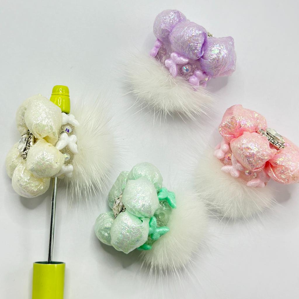 Bling Bling Fabric Flower with Heart Clear Rhinestone White Fluffy Ball Acrylic Beads