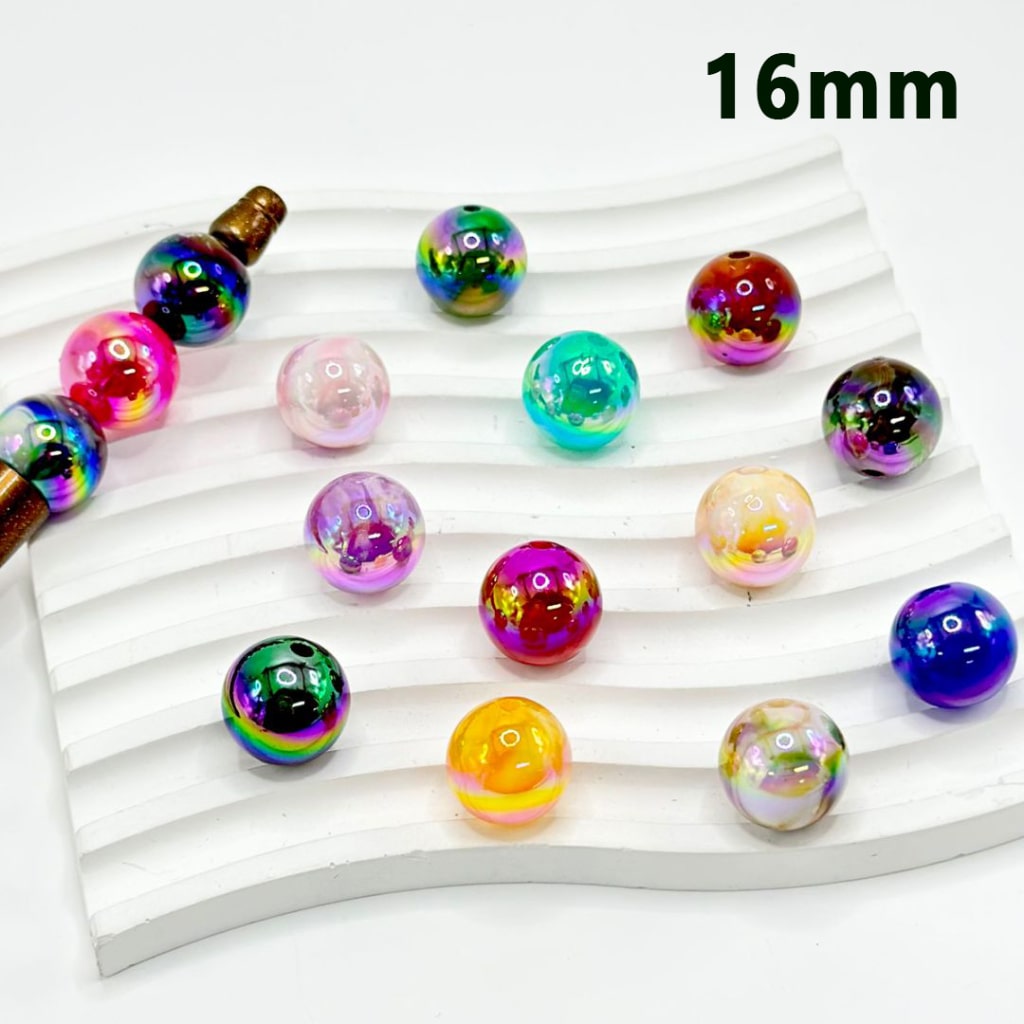 UV Finish Abstract Colorful Round Acrylic Beads, Random Mix, 16MM