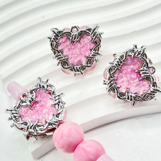 Delicate Silver Alloy Pink Heart Clay Beads with Shiny Rhinestones Clear Mini Stones Clear Oval Pearls, Around 26*29MM