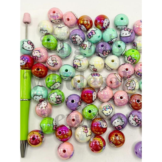 Acrylic Beads with HK Cat Face, Double Sided, 16mm, UV Finish, Random Mix Color, SJ