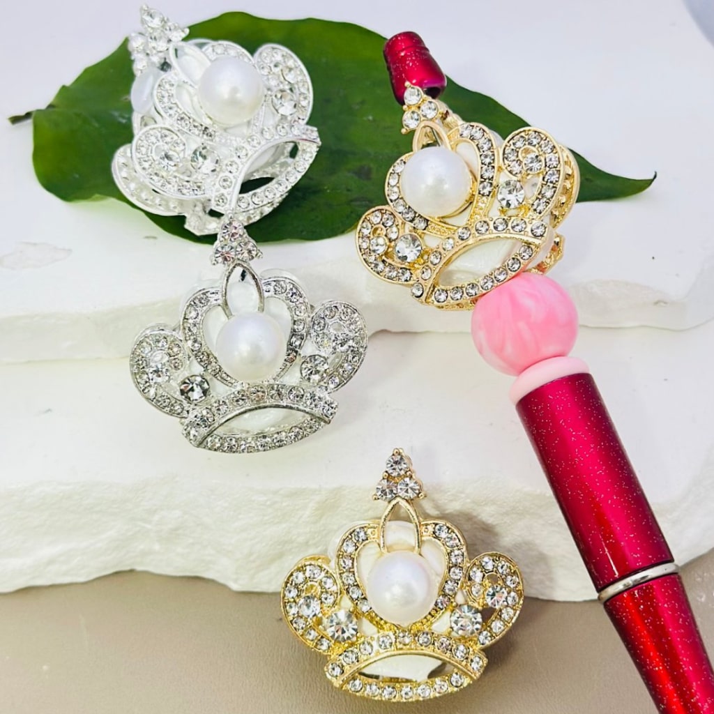 Bling Bling Fancy Gold & Silver Alloy Crown with Large White Pearls Clear Rhinestones Clay Beads, Around 34*35MM