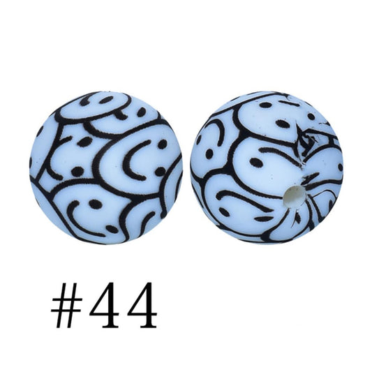 Black and White Smiley Emoji Printed Silicone Beads Number 44