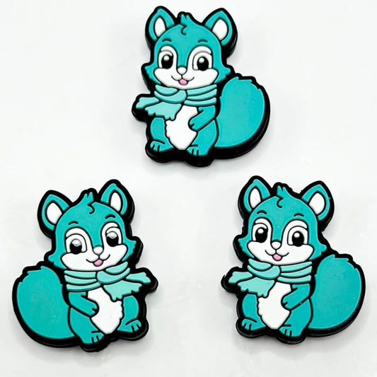 Little Cute Teal Squirrel with a Scarf Silicone Focal Beads