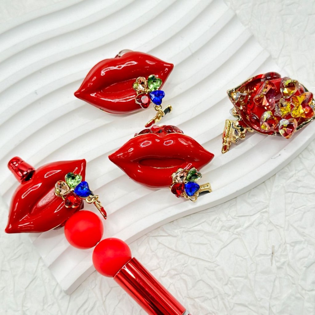 Exquisite Vivid Alloy Red Lip Lipstick Four Leaf Clover with Colorful Heart Rhinestone Red Oval Pearls Butterfly Star Heart Diamonds Clay Beads, Around 42*24MM