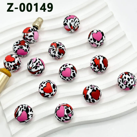 Pink Red Lightning Hearts Cow Prints Round Printed Silicone Beads 15mm, Number Z-00149