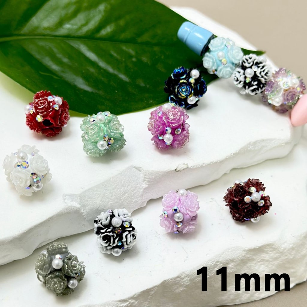 Mini Cute Shiny Glitter Flowers AB Rhinestones White Pearls Round Clay Beads, 11MM, Please Read the Description