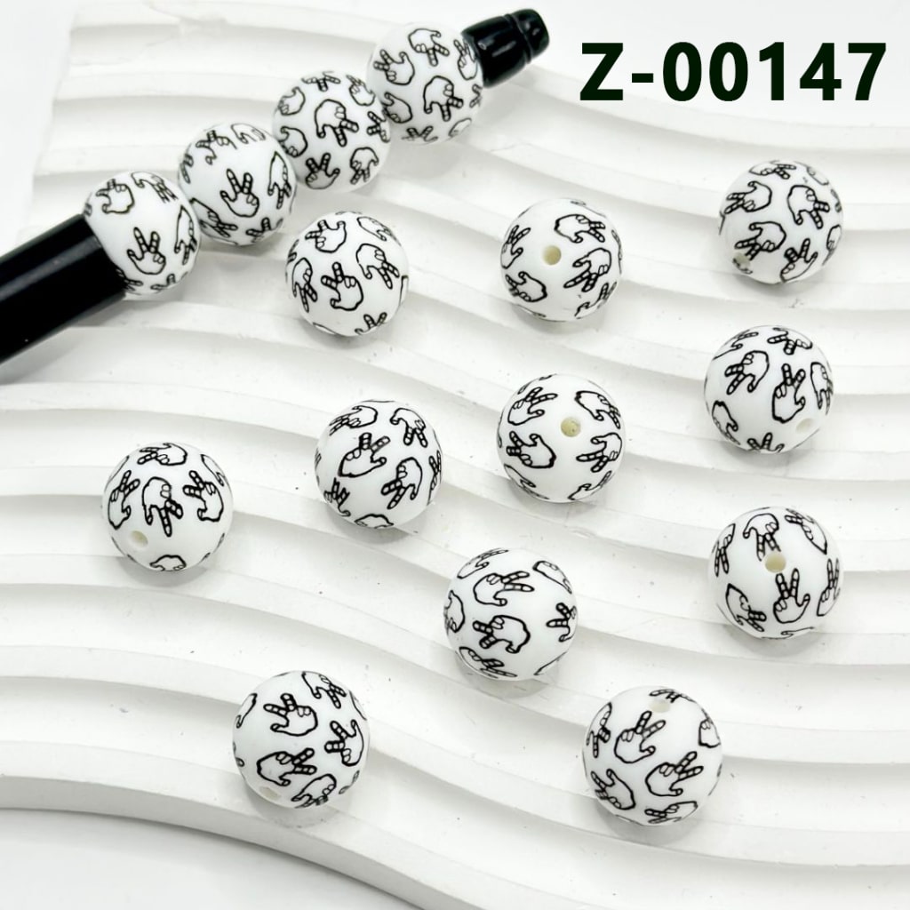 Three-finger Salute White Round Printed Silicone Beads 15mm, Number Z-00147