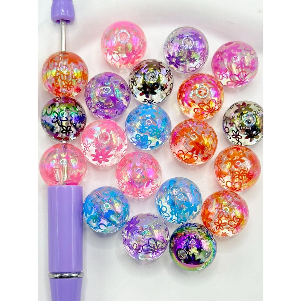 UV Coating Clear Acrylic Beads with Flowers Prints, Random Mix, 16MM