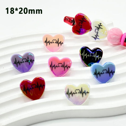 UV Finish Shiny Colorful Heart Acrylic Beads with Electrocardiograph, 18*20MM