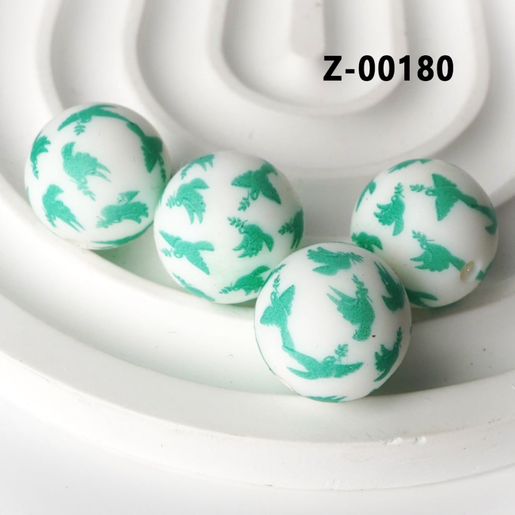 Green Birds Pigeons White Round Printed Silicone Beads 15mm, Number Z-00180