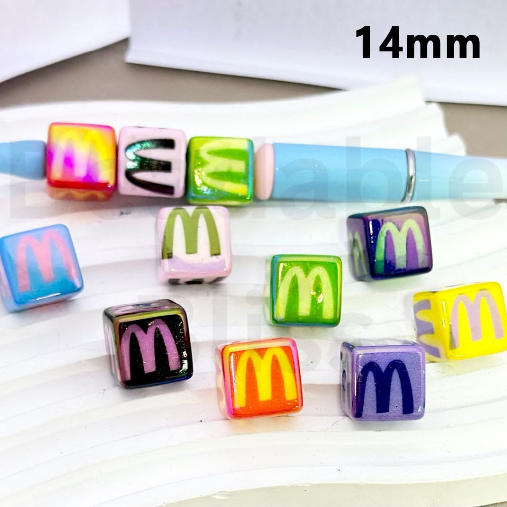 UV Finish Cute Colorful Mcdonal Cube Square Acrylic Beads, 14MM, Please Read the Description