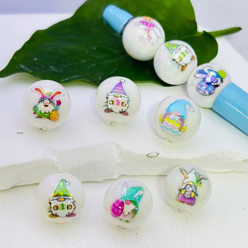 UV Finish Cute Gnome Bunny Rabbit Colorful Eggs Easter White Round Acrylic Beads, 16MM