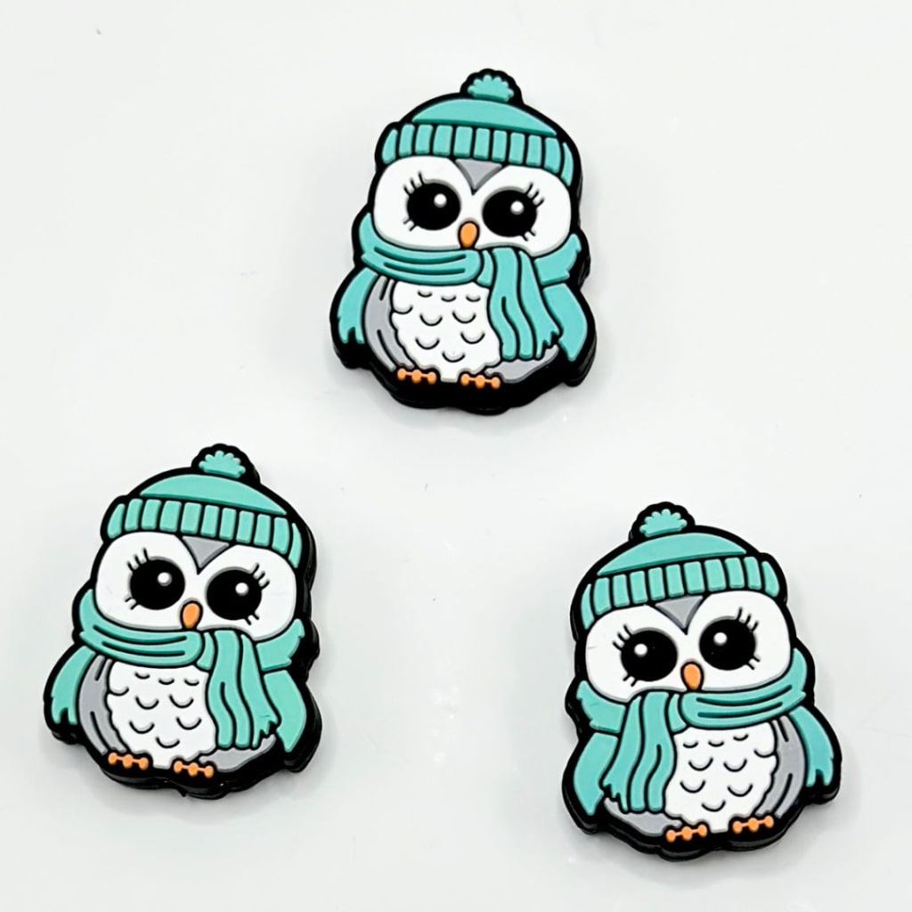 Cute Owl in a Teal Scarf and Hat Winter Silicone Focal Beads