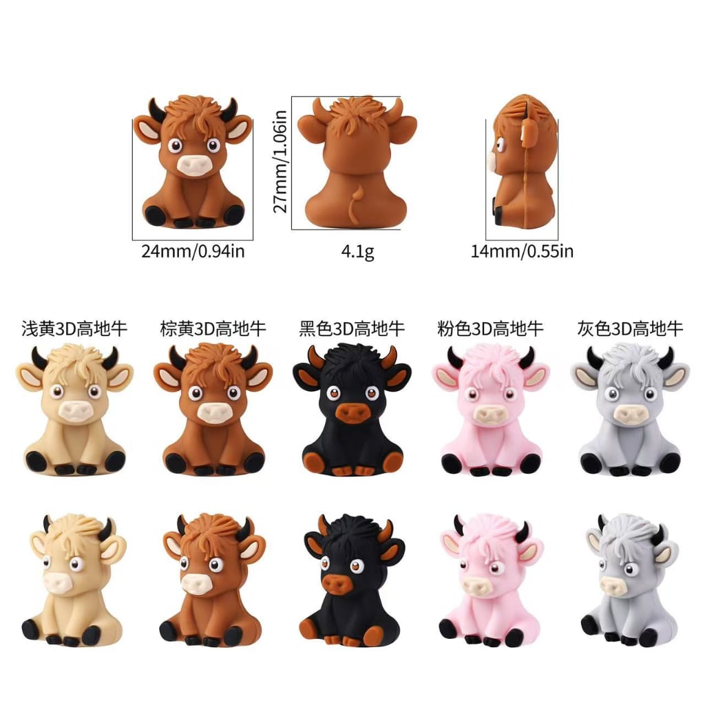 3D Cute Highland Cattle Silicone Focal Beads Random Mix