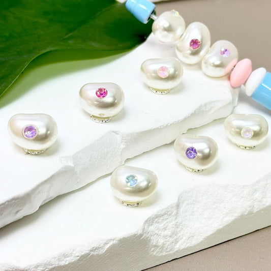 Glossy Pearl White Bean Shape Acrylic Beads with Colorful Mini Rhinestones, Around 16*12MM, Random Mix