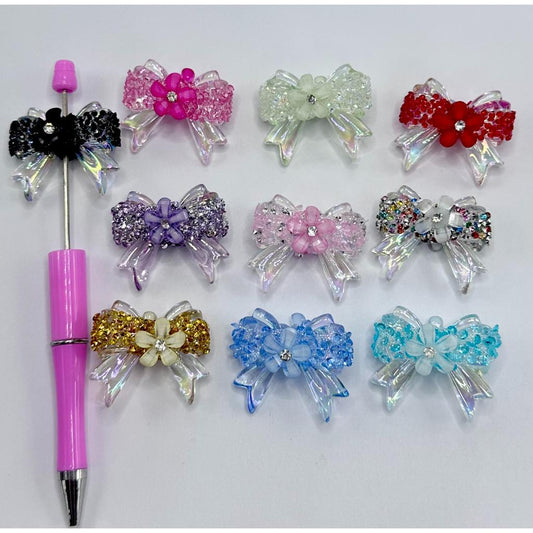 See Through Bowtie Bowknot Acrylic Beads with Flower & Small Tiny Rhinestones, Random Mix Color, ZJ