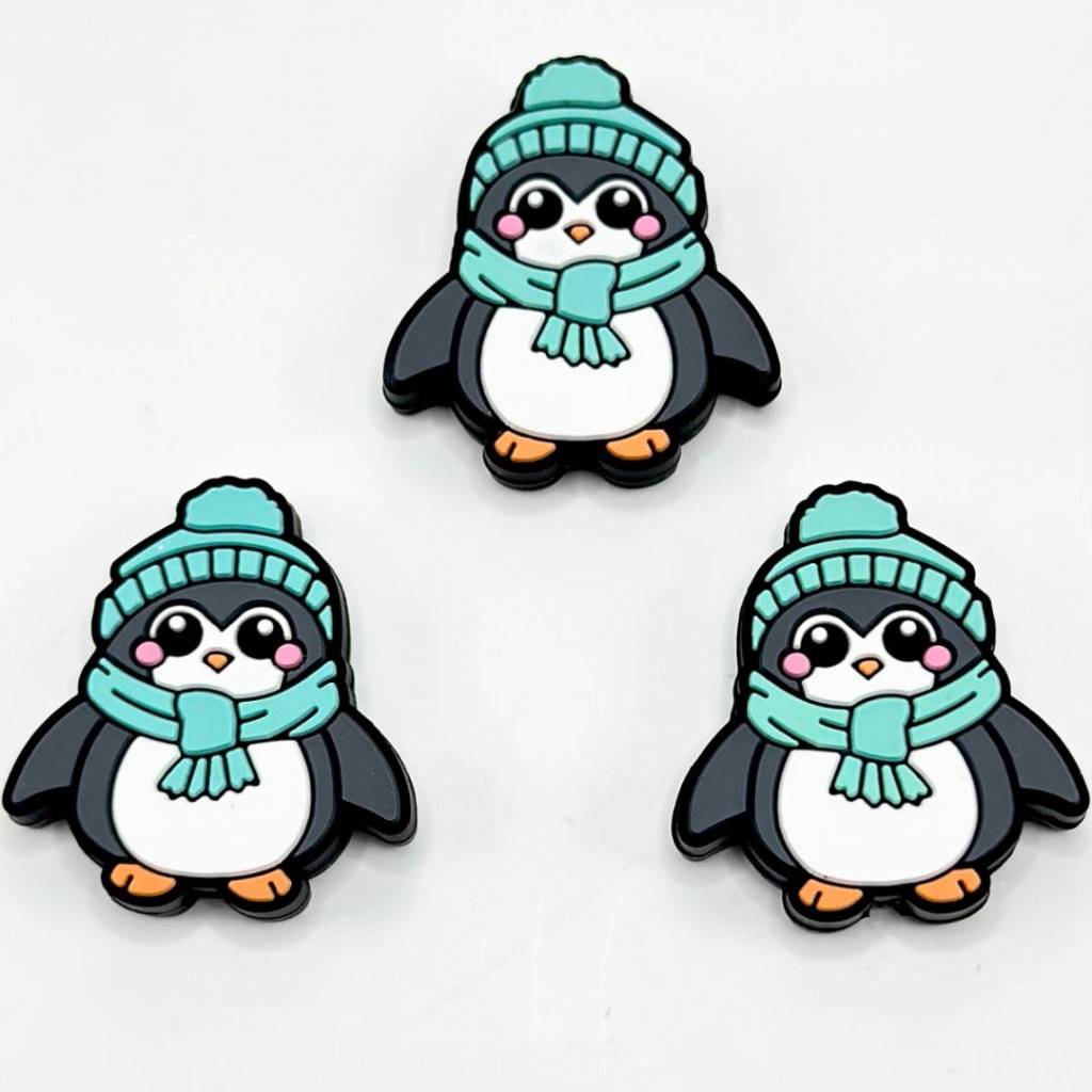 Little Cute Penguin with a Teal Scarf and Hat Silicone Focal Beads