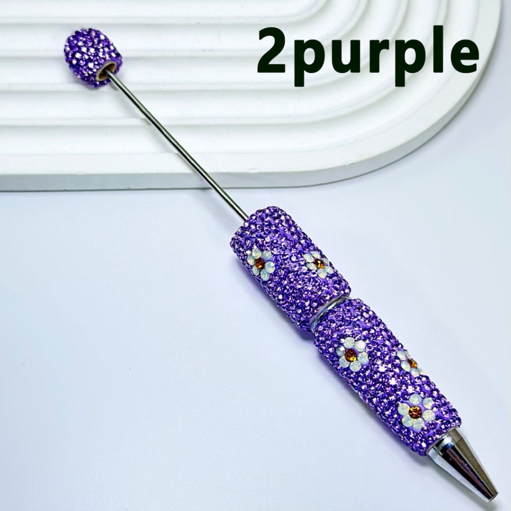 Beadable Clay Pens with White & Gold Flowers Colorful Shiny Rhinestones Covered the Entire Pen