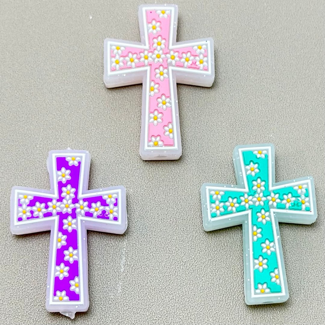 Mini Cute Colorful Glitter Crosses with Flowers Jesus Christ Religion Silicone Focal Beads, Random Mix