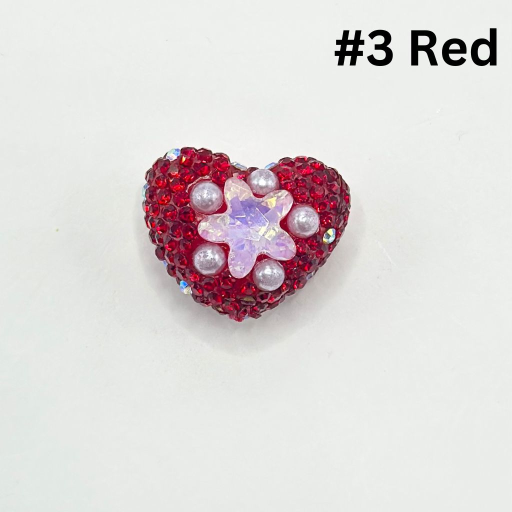 Heart Shape Clay Beads with Star Rhinestones and Small White Pearls, 25MM by 19MM