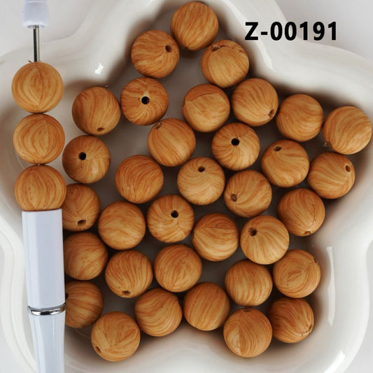 Light Brown Wood Grain Round Printed Silicone Beads 15mm, Number Z-00191