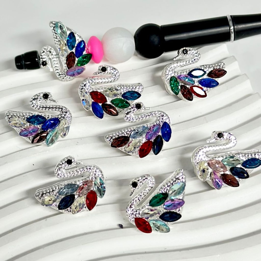 Bling Bling Silver Alloy Swan with Colorful Rhinestones Beads, Around 21*26MM