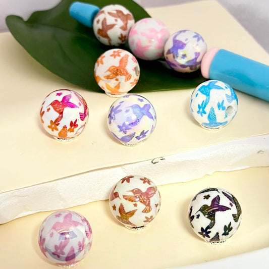 UV Finish Colorful Birds Hummingbirds Flowers White Round Acrylic Beads, 16MM, Random Mix