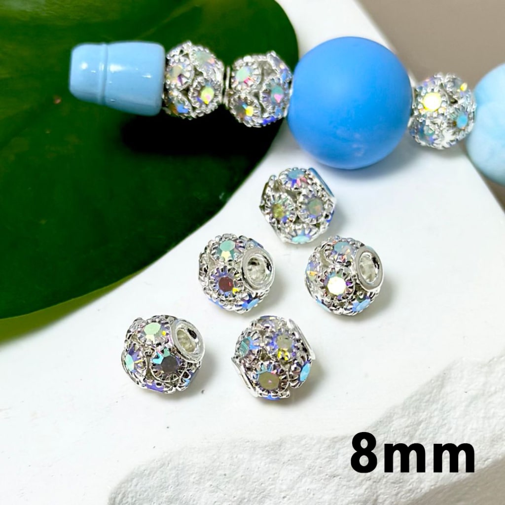 Bling Bling Silver Alloy Flowers Spacer with Shiny AB Rhinestones, 8MM