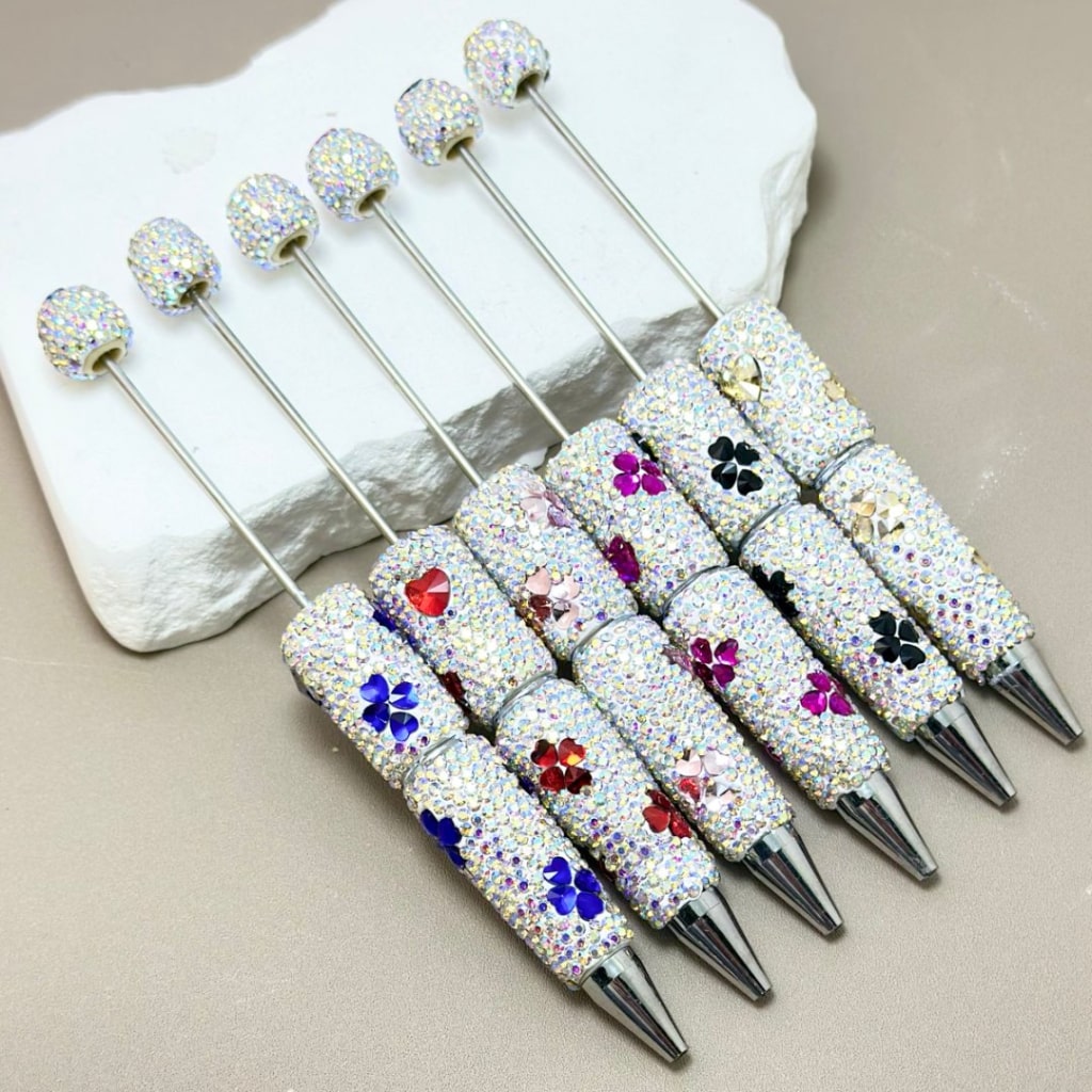 Beadable Clay Pens with Colorful Hearts Mini AB Rhinestones Covered the Entire Pen