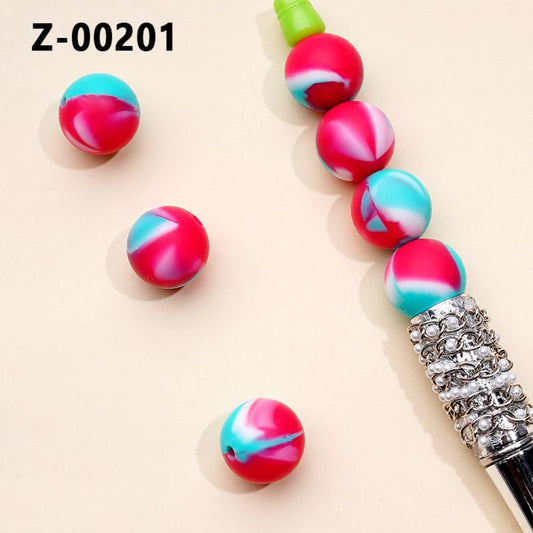 Blue Red White Mixed Printed Silicone Beads 15MM, Number Z-00201