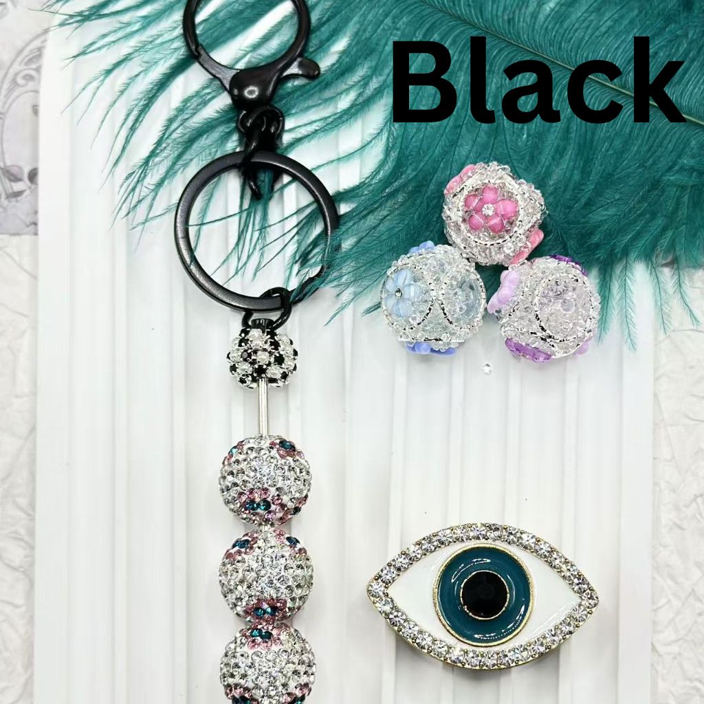 DIY Beadable Metal Keychains with Bar with White Pearls Colorful Rhinestones, Around 145MM for the total length