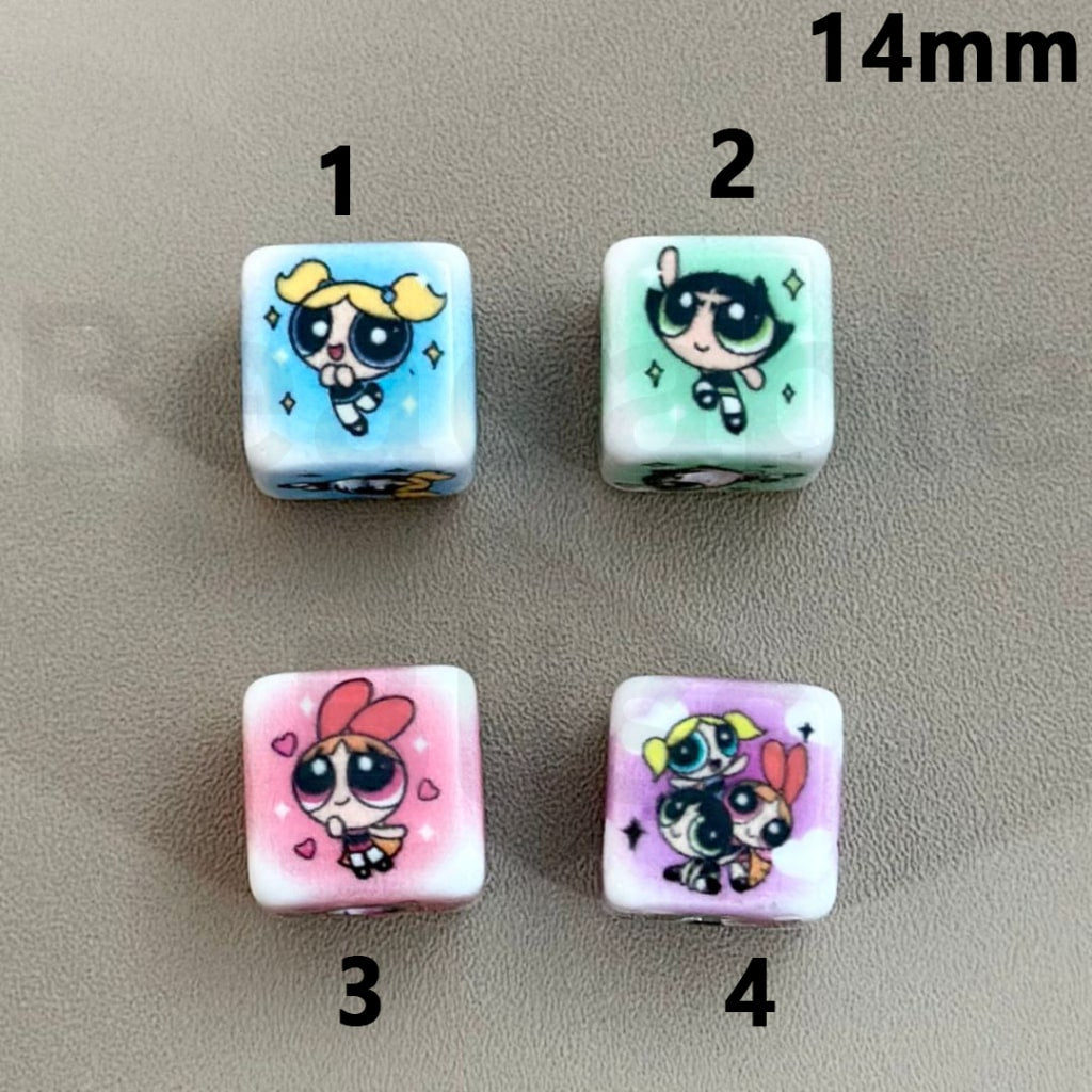 Cute Power Puf Girls Cartoon Cube Square Acrylic Beads, 14MM, Please Read the Description