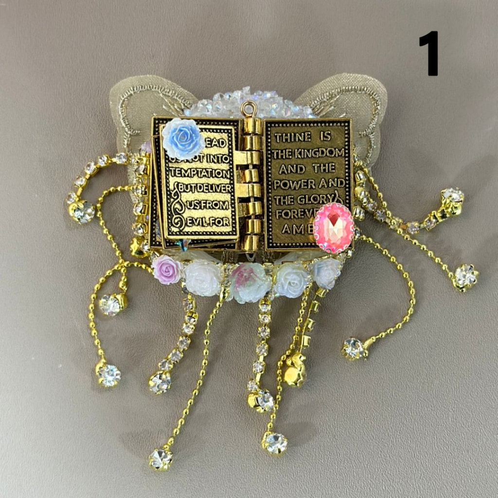 Delicate Fancy Gold Alloy Book with Clear Rhinestone Chains Large Crescent Moon Covered by Sugar Exquisite Fabric Butterfly Mini Cute Flower Heart Star Diamonds Beads, Around 59*45MM