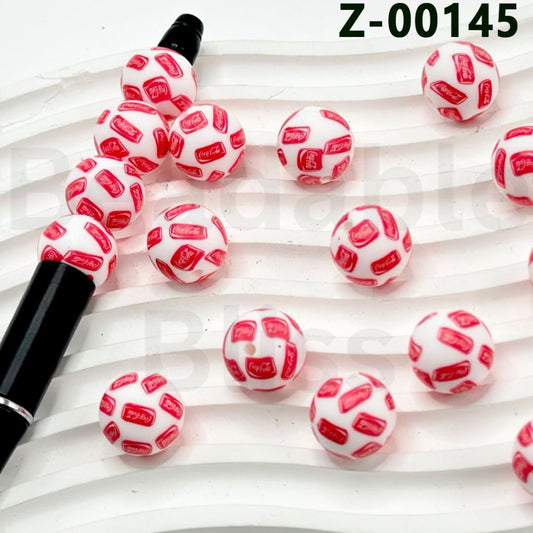 Coc Col Drink Can White Round Printed Silicone Beads 15mm, Number Z-00145