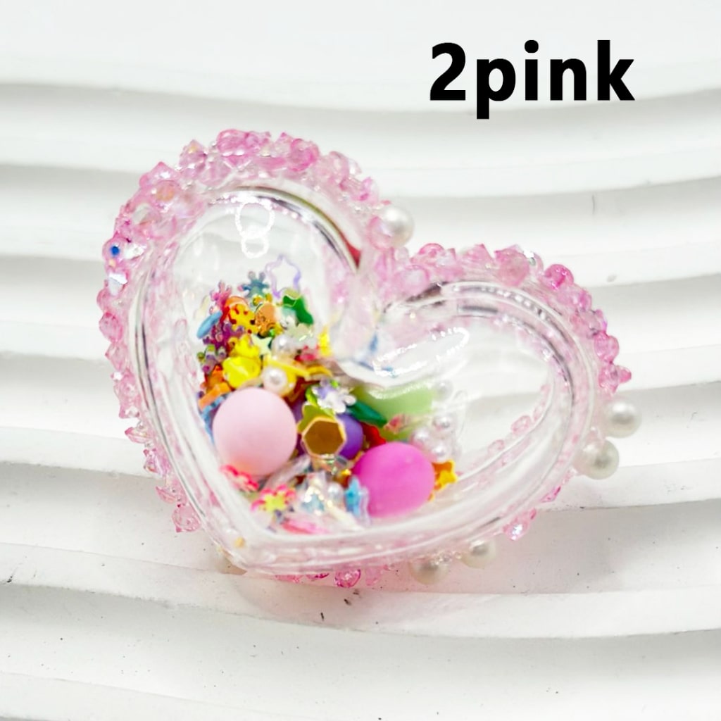 Clear Hollow Heart Shake Acrylic Beads Colorful Confetti Flake Star Snowflake Ball Heart Inside with Colorful Rhinestones Sugar Wrap White Pearls, Around 37*30MM