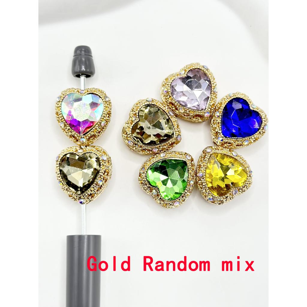 Silver & Gold Heart Shape Hollow Alloy Acrylic Beads with Heart Rhinestones, 20MM by 20MM