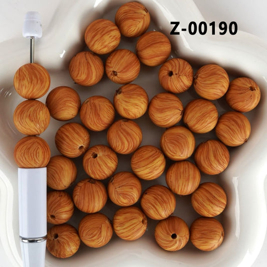 Dark Brown Wood Grain Round Printed Silicone Beads 15mm, Number Z-00190