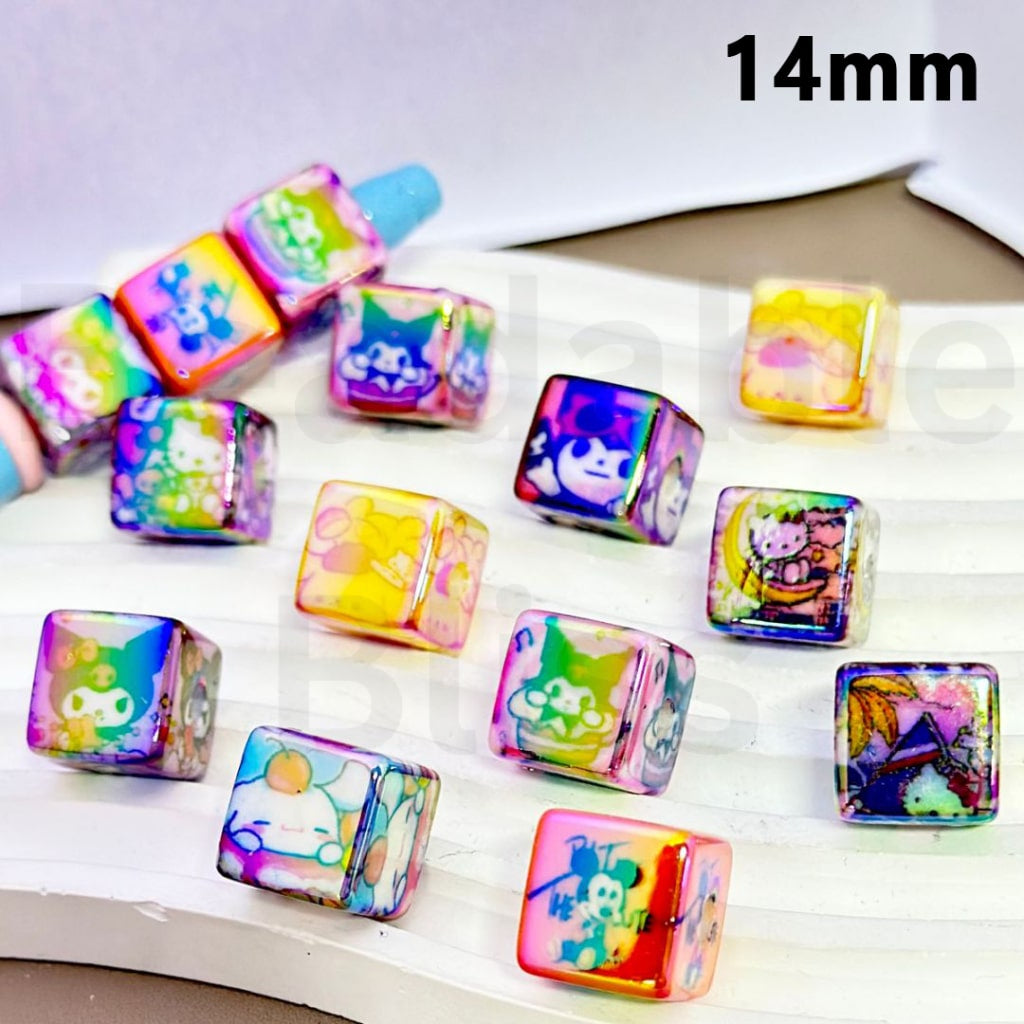 UV Finish Sanri Cartoon Cube Square Acrylic Beads, Random Mix, 14MM