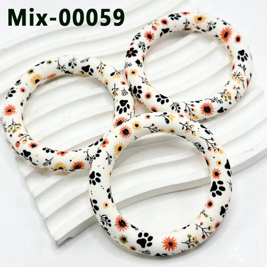 Colorful Mini Flowers Black Paw Prints Silicone Ring Frame Bead Circle Round Soft Car Hanger Charm Loop 65mm