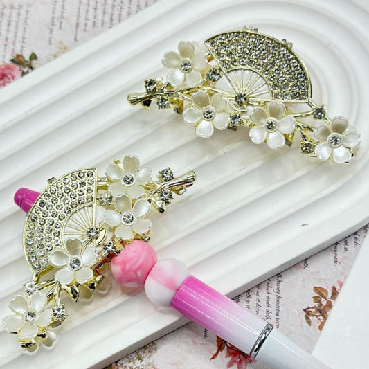 Bling Bling Delicate Alloy Fan Branch White Flower with Clear Rhinestones Clay Beads, Around 82*36MM