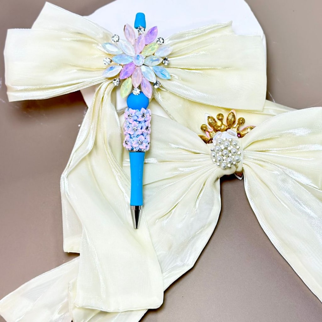 Large Creamy White Glossy Fabric Bowknot with Gold Alloy Flower Colorful Shiny Rhinestones White Pearls Clay Beads