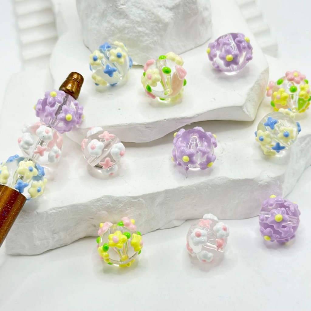 Mini Cute Colorful Flowers Stars Spots Clear Round Acrylic Beads, 16MM, Please Read the Description