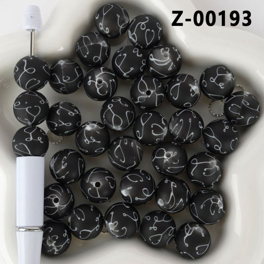 Stethoscopes Nurse Doctor Black Round Printed Silicone Beads 15MM, Number Z-00193