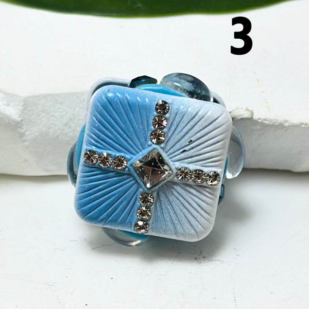 Fancy Ombre Blue Series Alloy Heart Square Rectangle with Shiny Rhinestones Pearls Clay Beads