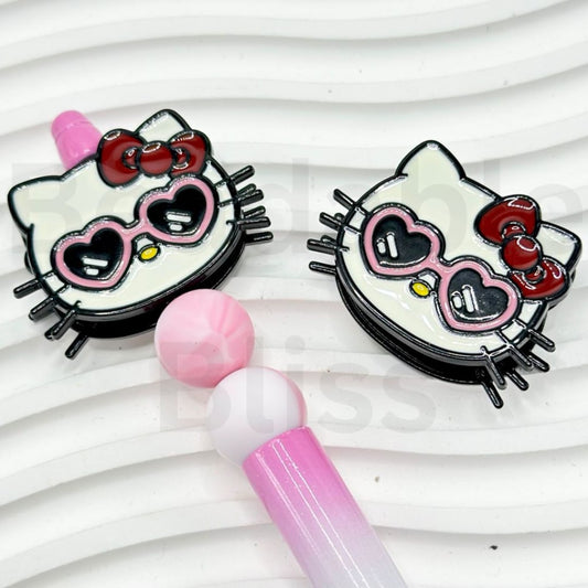 Vivid Cute Alloy HK Kitten in Pink Heart Sunglasses Red Bowknot Clear Rhinestones Oval Pearls Clay Beads, Around 42*30MM