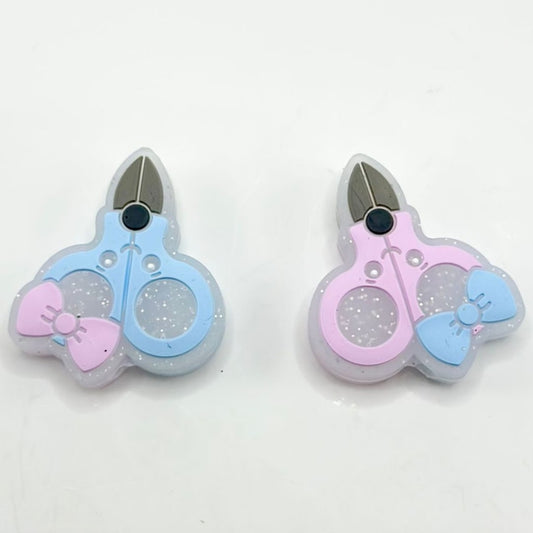 Cute Pink Glittery Scissors with a Blue Bowknot Silicone Focal Beads