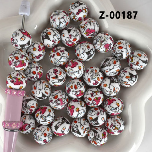 Cute Sanri Cartoon Kurom Melod HK Kitten Cinnamorol Round Printed Silicone Beads 15mm, Number Z-00187